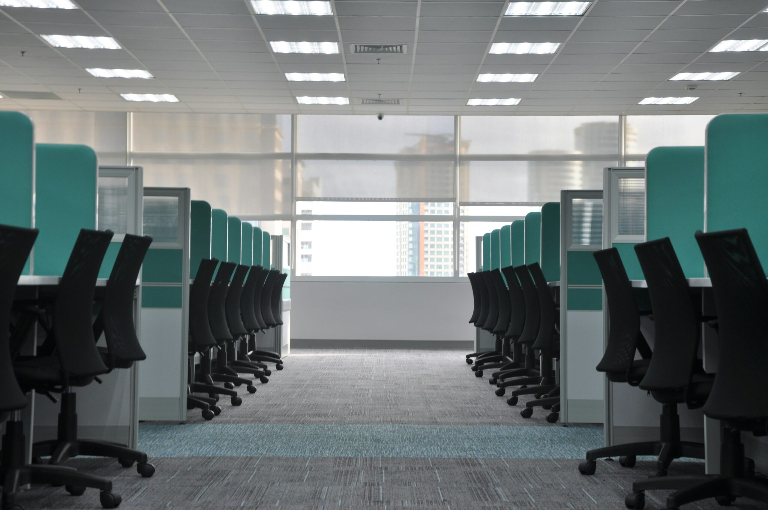 Wide view of office chairs and cubicles